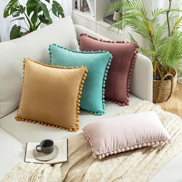 Luxury Home | Golden Khaki Soft Velvet Pom Pom Trim Throw Pillow Covers - Picture 4 of 8